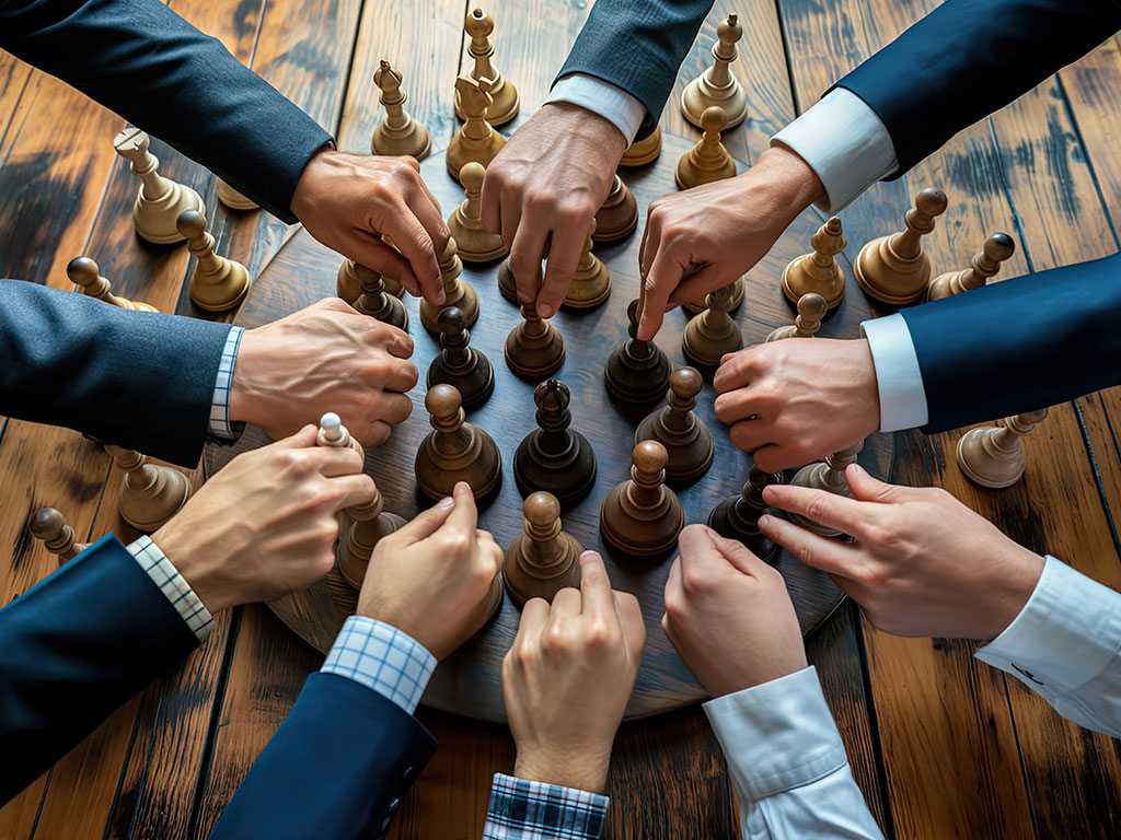 Multiple hands grabbing chess pieces